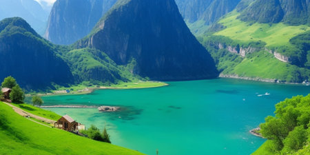 Panoramic view of the lake and mountains in the Swiss Alpsの素材