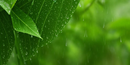 Green leaves with drops of water in the rain. Nature background.の素材