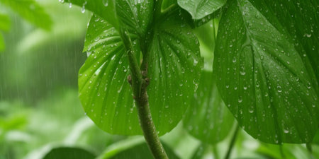 Raindrops on the leaves of a hosta plant in the rainの素材