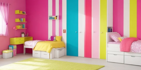 3d rendering of a child's room with pink and yellow wallsの素材