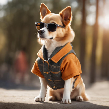 Portrait of a cute little corgi dog in a jacket and sunglassesの素材