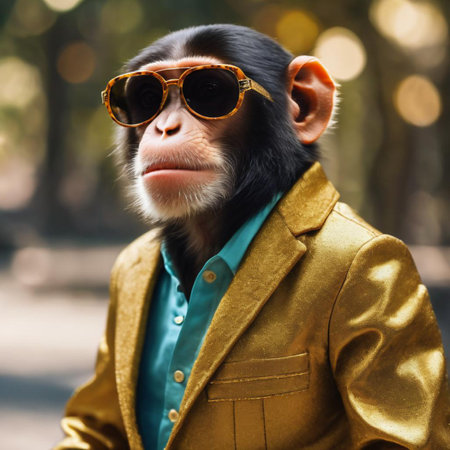 Chimpanzee monkey in yellow jacket, sunglasses and bow tieの素材