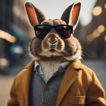 Funny rabbit wearing sunglasses and coat in the city at sunset.の素材