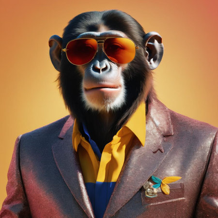 Chimpanzee in a jacket and sunglasses on an orange background.の素材