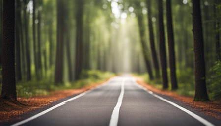 Asphalt road through the green forest with sunbeams passing throughの素材
