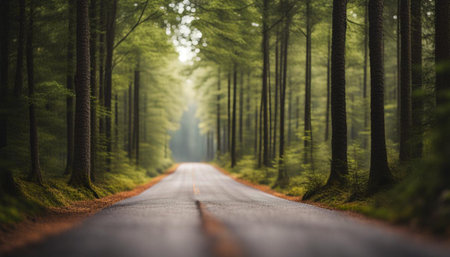 Panoramic image of a road in the middle of the forestの素材