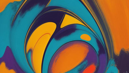 Abstract background of acrylic paint in blue, orange and yellow tones.の素材