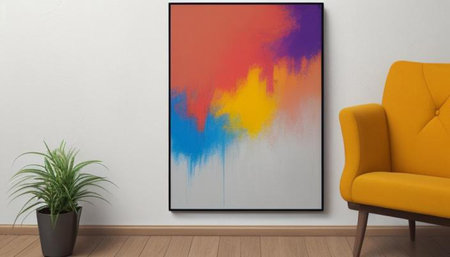 modern interior with yellow armchair and painting on the wall. 3d illustrationの素材