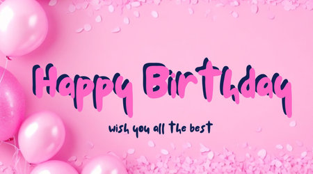 Happy birthday message on pink background with pink balloons and confetti.の素材