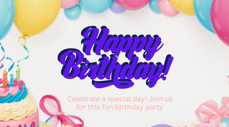 Happy Birthday Card with Cake, Balloons and Ribbon on White Backgroundの素材