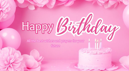 Happy birthday card with cake and flowers on pink background. Copy space.の素材