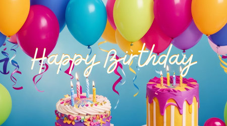 Happy birthday greeting against colourful balloons and cake with candles on blue backgroundの素材
