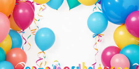 Colorful balloons and confetti on white background with space for textの素材