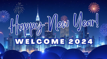 Happy New Year and Merry Christmas greeting card with fireworks in the cityの素材