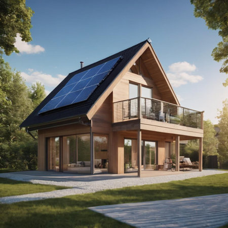 Modern wooden house with solar panels installed on the roof. 3d renderingの素材