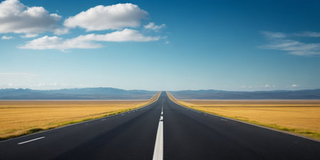 Empty highway in the middle of the steppe with blue sky and cloudsの素材