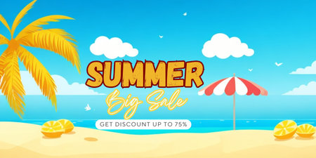 Summer sale banner with palm tree and sun umbrella on the beach. Vector illustrationの素材