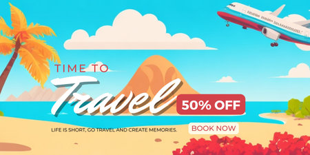 Time to travel. Summer vacation banner with airplane and palm trees. Vector illustrationの素材