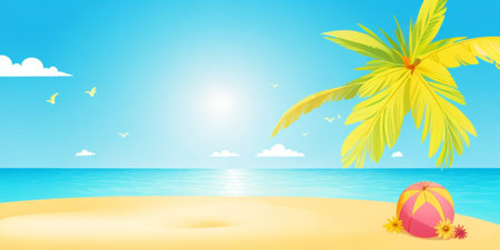 Beach background with palm tree and ball. Vector Illustration.の素材