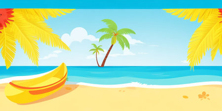 Tropical beach with palm trees and banana. Vector illustration.の素材
