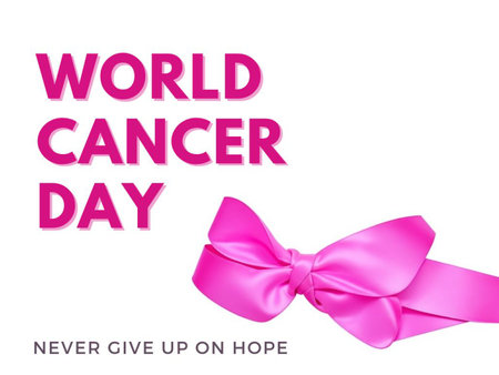 World Cancer Day background with realistic pink ribbon bow. Vector illustration.の素材