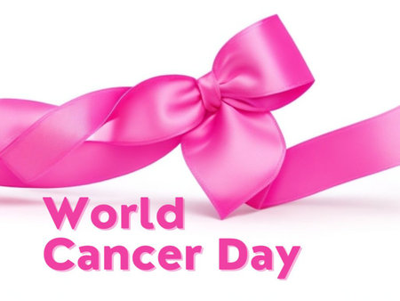 World Cancer Day concept with pink ribbon and bow isolated on white backgroundの素材