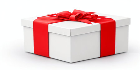 White gift box with red ribbon bow on white background. 3D rendering.の素材