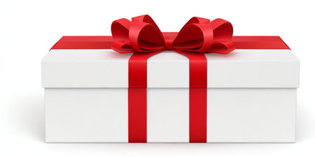 White gift box with red ribbon bow, 3D rendering isolated on white backgroundの素材