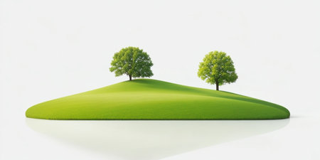 Green grass with trees on white background. 3d render. Ecology concept.の素材