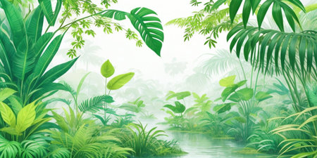 Illustration of a green background with tropical plants and a river.の素材