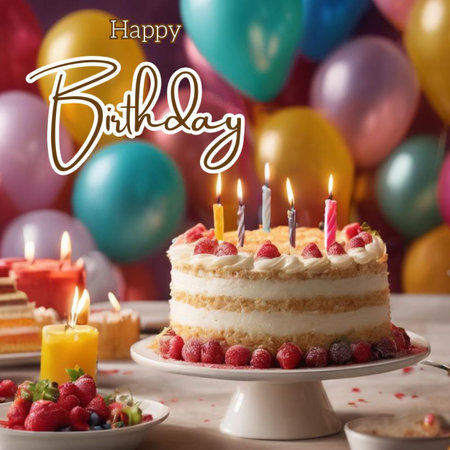 Birthday cake with burning candles and balloons on background, closeupの素材