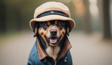 Portrait of a dog in a hat on a walk in the parkの素材