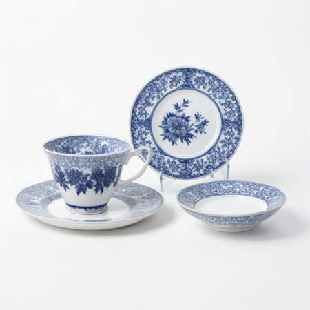 Ceramic tableware on a white background. Blue and whiteの素材
