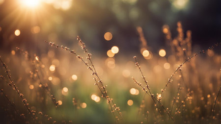 Grass with dew drops at sunset. Beautiful nature background.の素材