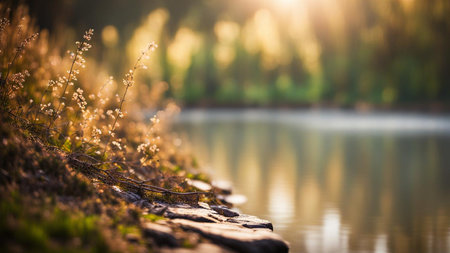 Beautiful summer landscape with lake and grass. Soft focus, shallow DOF.の素材