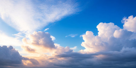 Blue sky background with tiny clouds. Panoramic image of blue sky.の素材