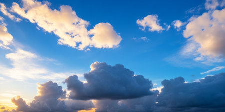 Blue sky background with tiny clouds. Panoramic view of sunset.の素材