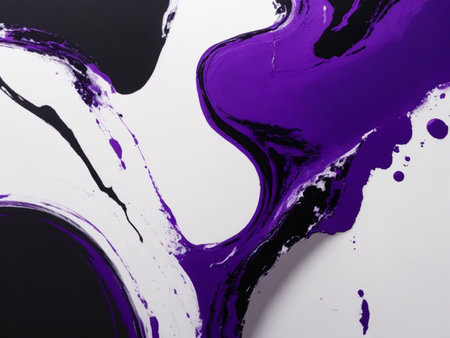 Purple and black acrylic paint on white paper. Abstract background.の素材