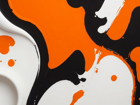 Abstract background of black and orange paint splashes on a white backgroundの素材