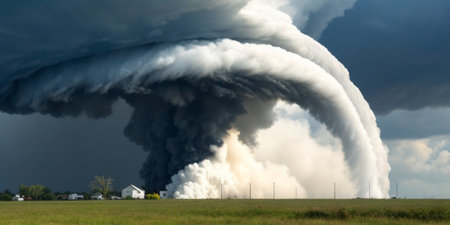 A big tornado with large black smoke coming from the chimney.の素材