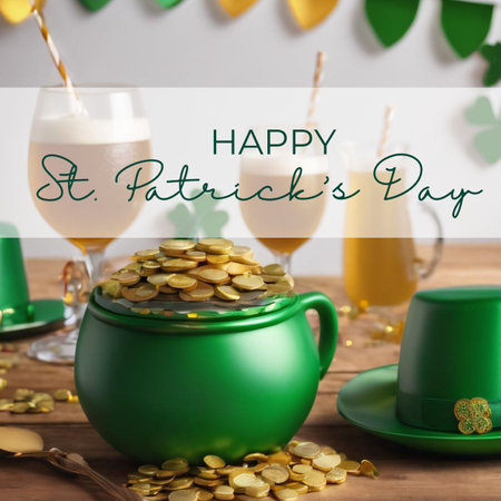St. Patrick's Day card with pot of gold coins, cup of coffee and clover leavesの素材