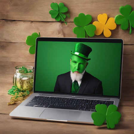 St. Patrick's Day. Laptop with green clover and leprechaun on wooden backgroundの素材