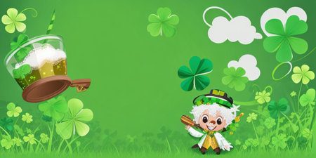 Happy St. Patrick's Day background with green clover and Leprechaunの素材