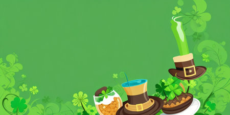 St. Patrick's Day background with clover and leprechaun hat. Vector illustration.の素材