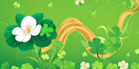 St. Patrick's Day background with clover leaves and gold ribbonの素材