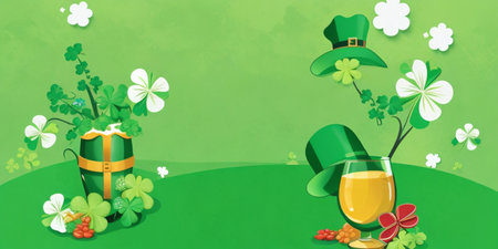 St. Patrick's Day background with clover leaves, leprechaun hat, gold coins and green beer.の素材
