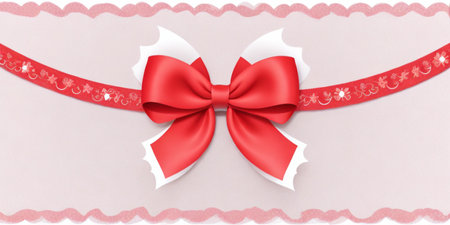 Gift card with red ribbon and bow. 3D illustration.の素材