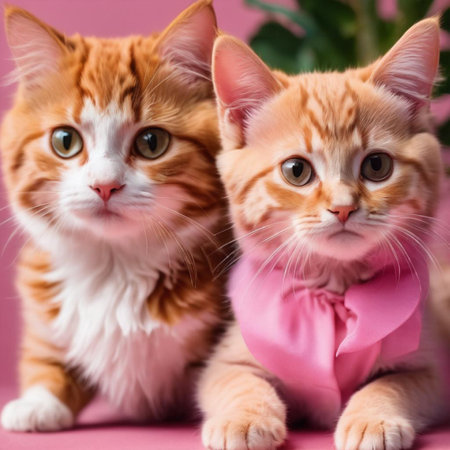 Two red kittens in a pink dress on a pink background close-upの素材