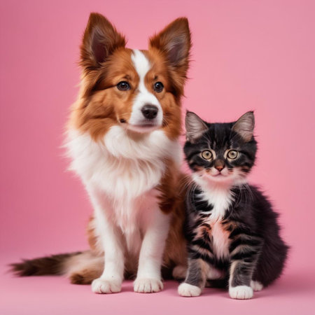 Red border collie dog and cat sitting together on pink background.の素材