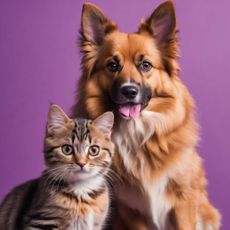 Cat and dog together on a purple background. Studio photo of a dog and cat.の素材